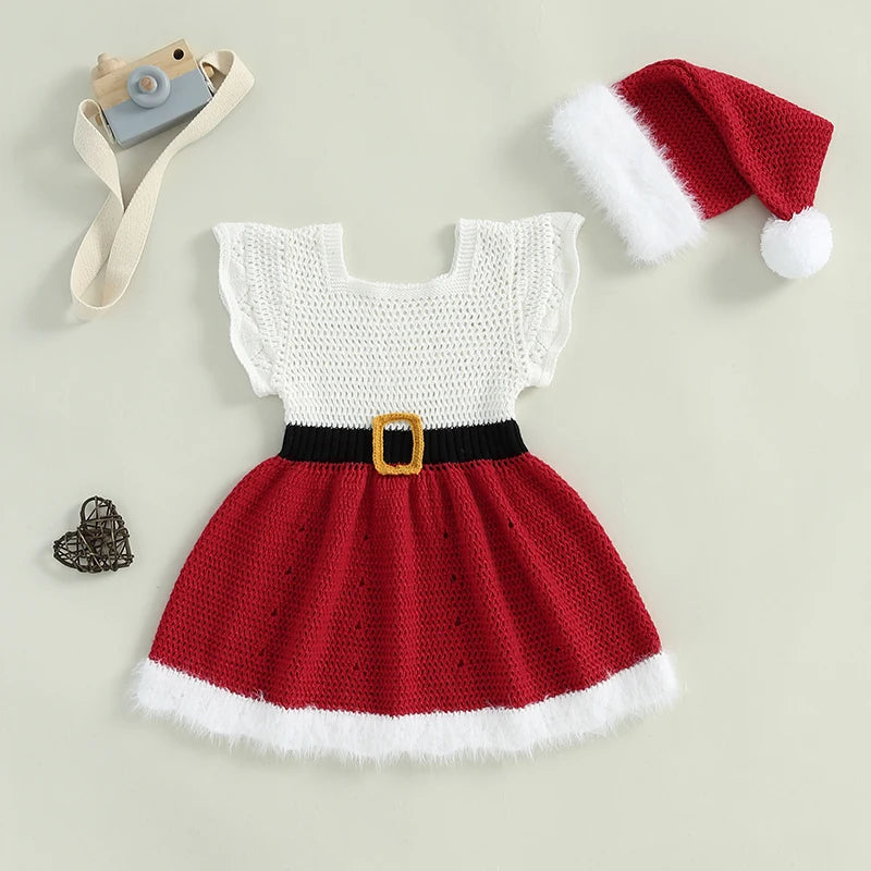 Dziewczęca sukienka świąteczna z dzianiny z czapeczką