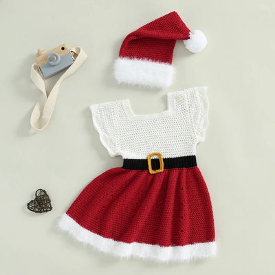 Dziewczęca sukienka świąteczna z dzianiny z czapeczką