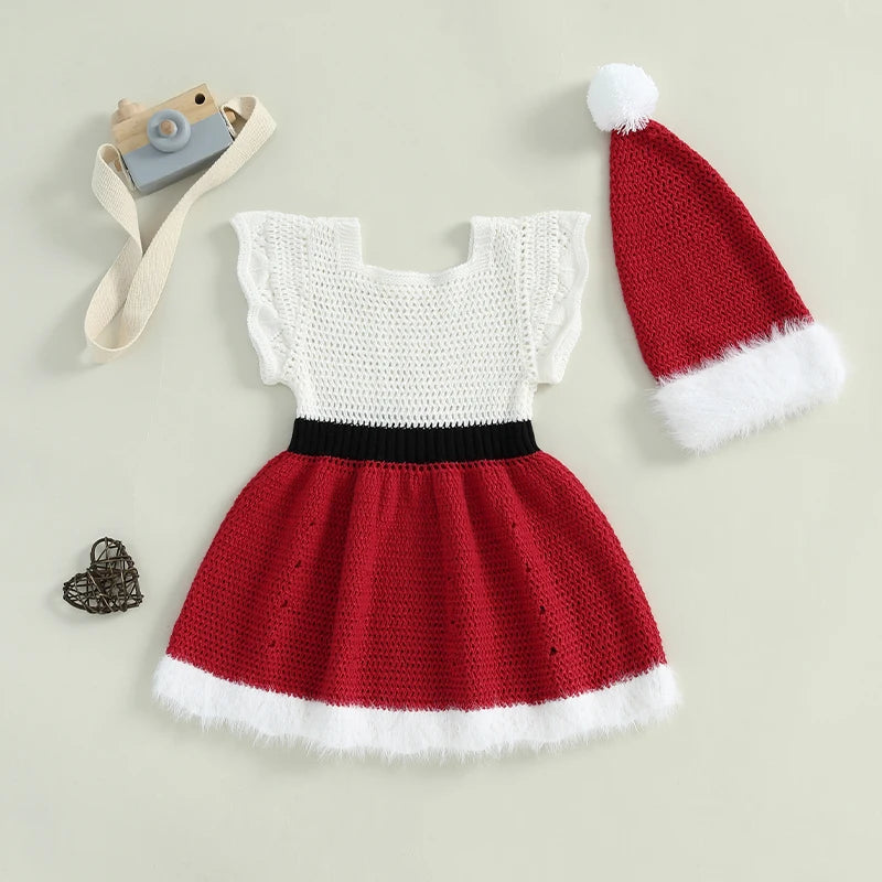 Dziewczęca sukienka świąteczna z dzianiny z czapeczką